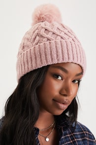 Chilly Day Charm Rose Pink Cable Knit Pom Pom Beanie