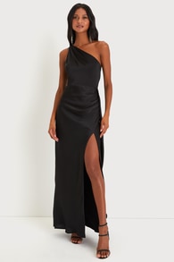 Signature Elegance Black Satin One-Shoulder Maxi Dress