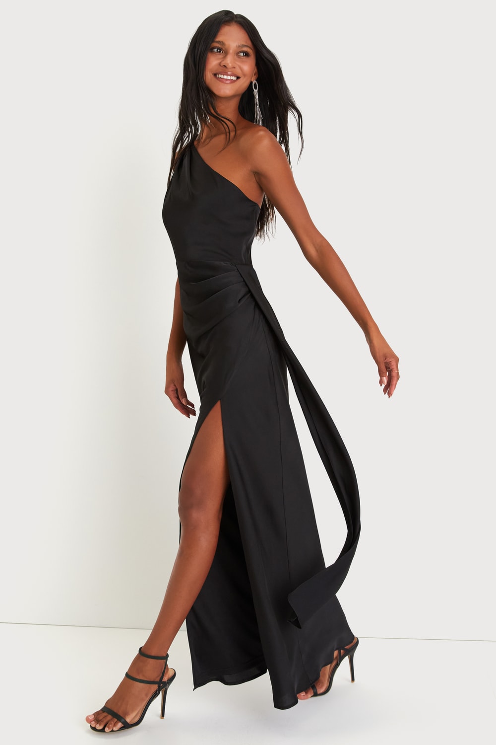 Signature Elegance Black Satin One-Shoulder Maxi Dress