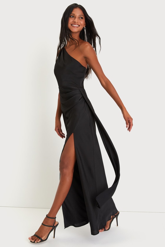One Shoulder Stretch Satin Pleated Long Dress Black