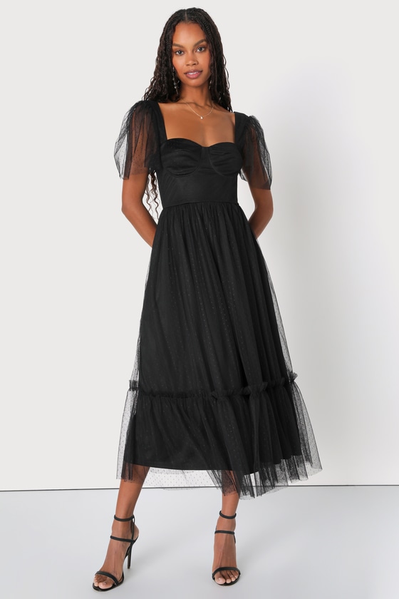 Lulus Dreamy Celebration Black Tulle Bustier Swiss Dot Midi Dress