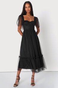 Dreamy Celebration Black Tulle Bustier Swiss Dot Midi Dress