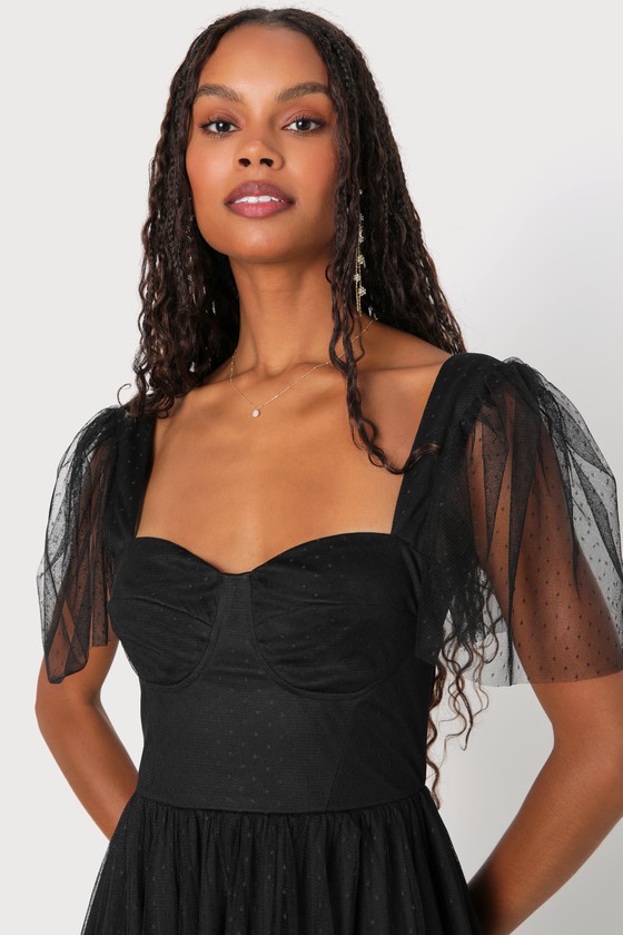 Black Tulle Midi Dress - Bustier Dress - Swiss Dot Midi