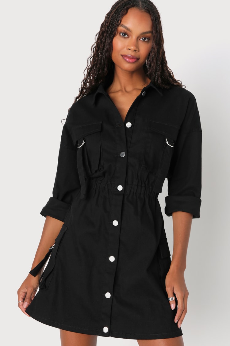 Black Twill Dress - Utility Dress - Cargo Dress - Mini Dress - Lulus Black Twill Dress - Utility Dress - Cargo Dress - Mini Dress - Lulus