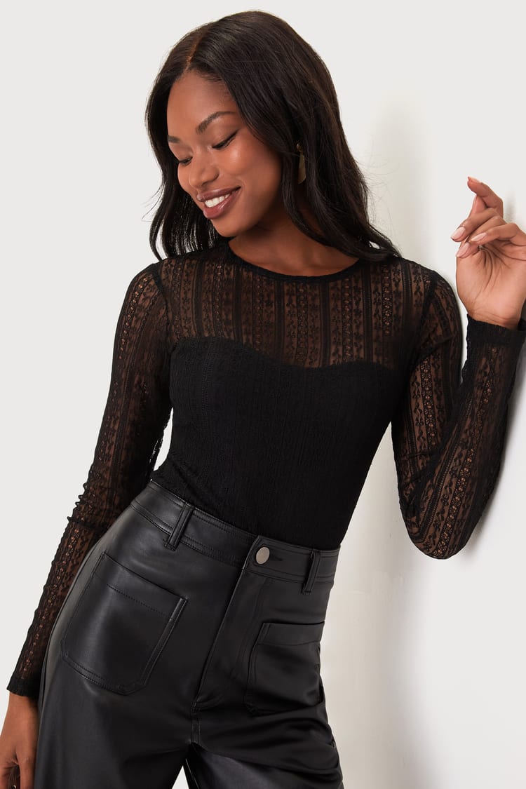 Lulus Come Back To You Black Lace Long Sleeve Bodysuit S - $43
