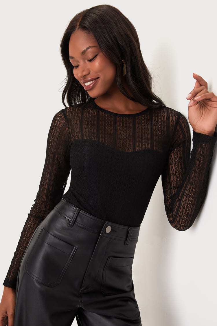 Black Sheer Bodysuit - Lace Bodysuit - Long Sleeve Bodysuit - Lulus