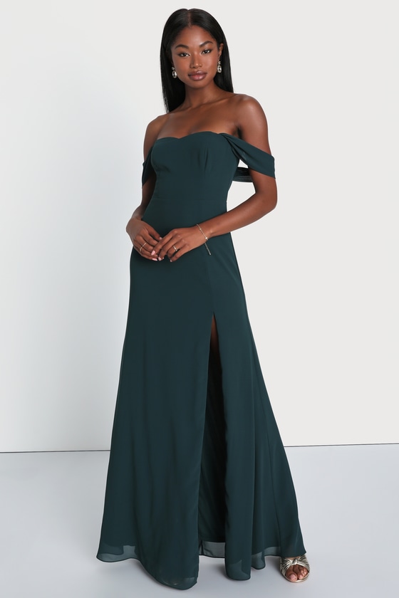 Lulus Magical Magnetism Hunter Green Off-the-shoulder Maxi Dress