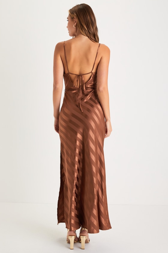 Bronze Satin Dress Striped Backless Dress Cowl Maxi Dress Lulus