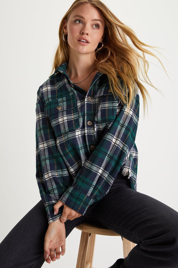 Trendsetting Idea Green and Navy Blue Plaid Flannel Raw Hem Top