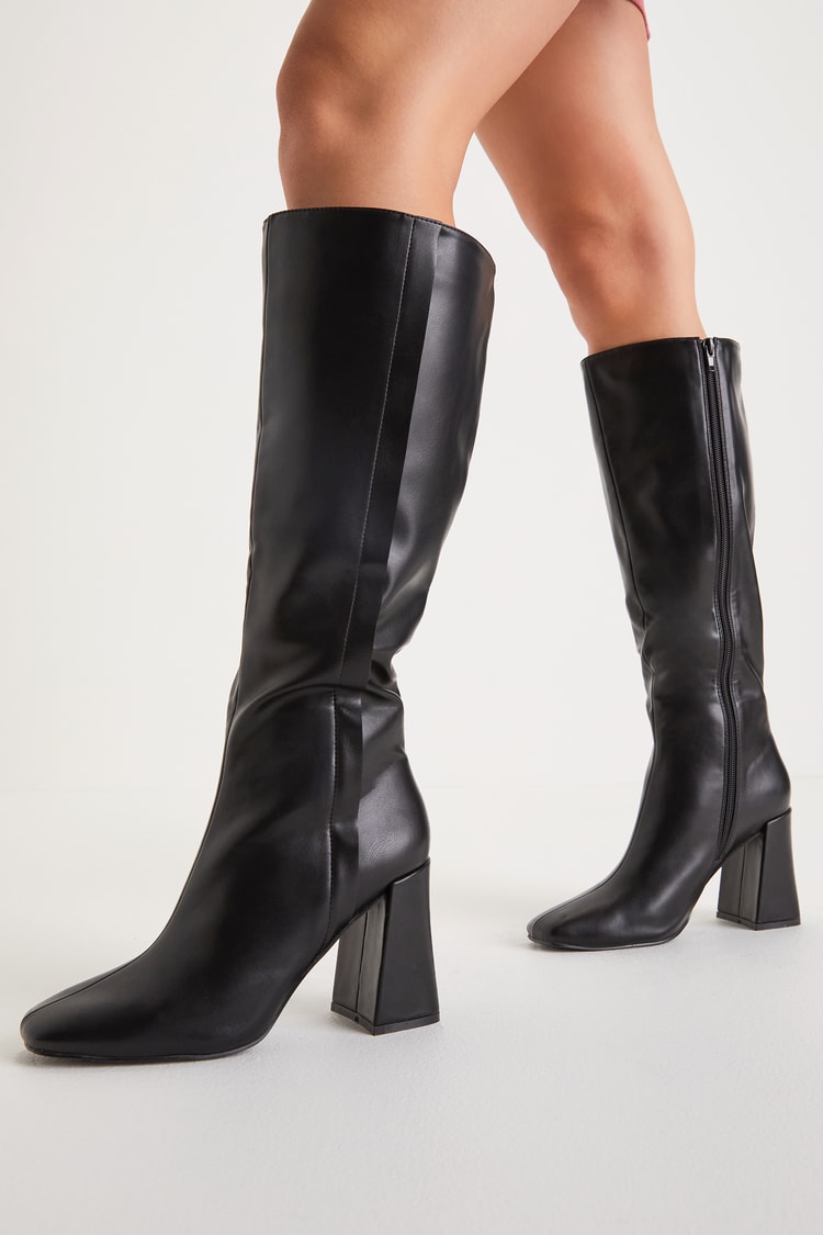 Square Toe Block Heel Knee High Boots Black Knee-High Boots Faux