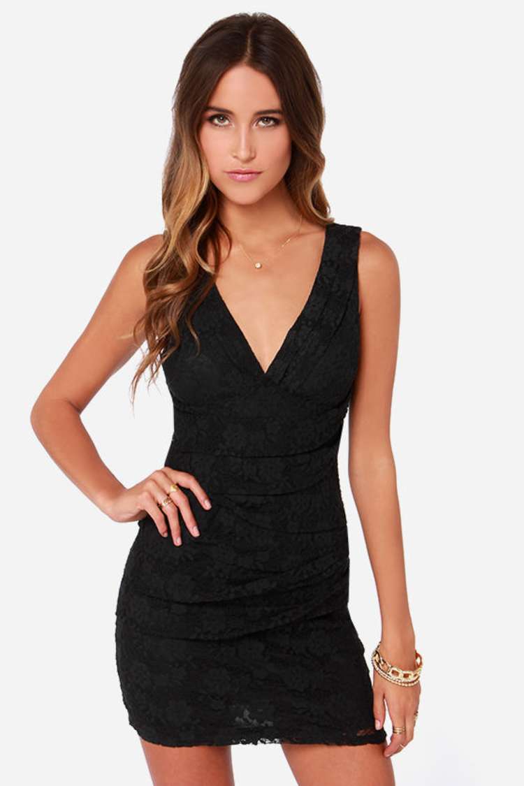 candies black lace dress La Femme 33329 - Long Lace/Net Jersey Sheath Dress