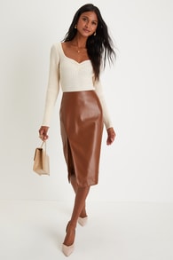 Mireya Brown Vegan Leather Pencil Skirt 1