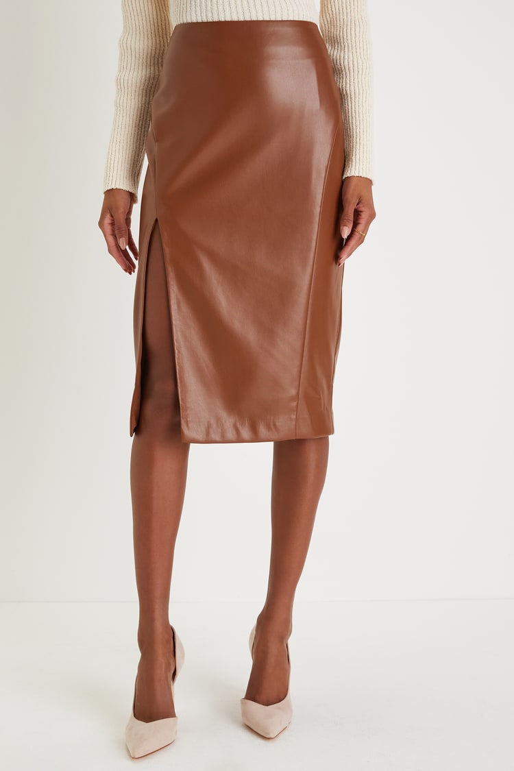 Mireya Brown Vegan Leather Pencil Skirt