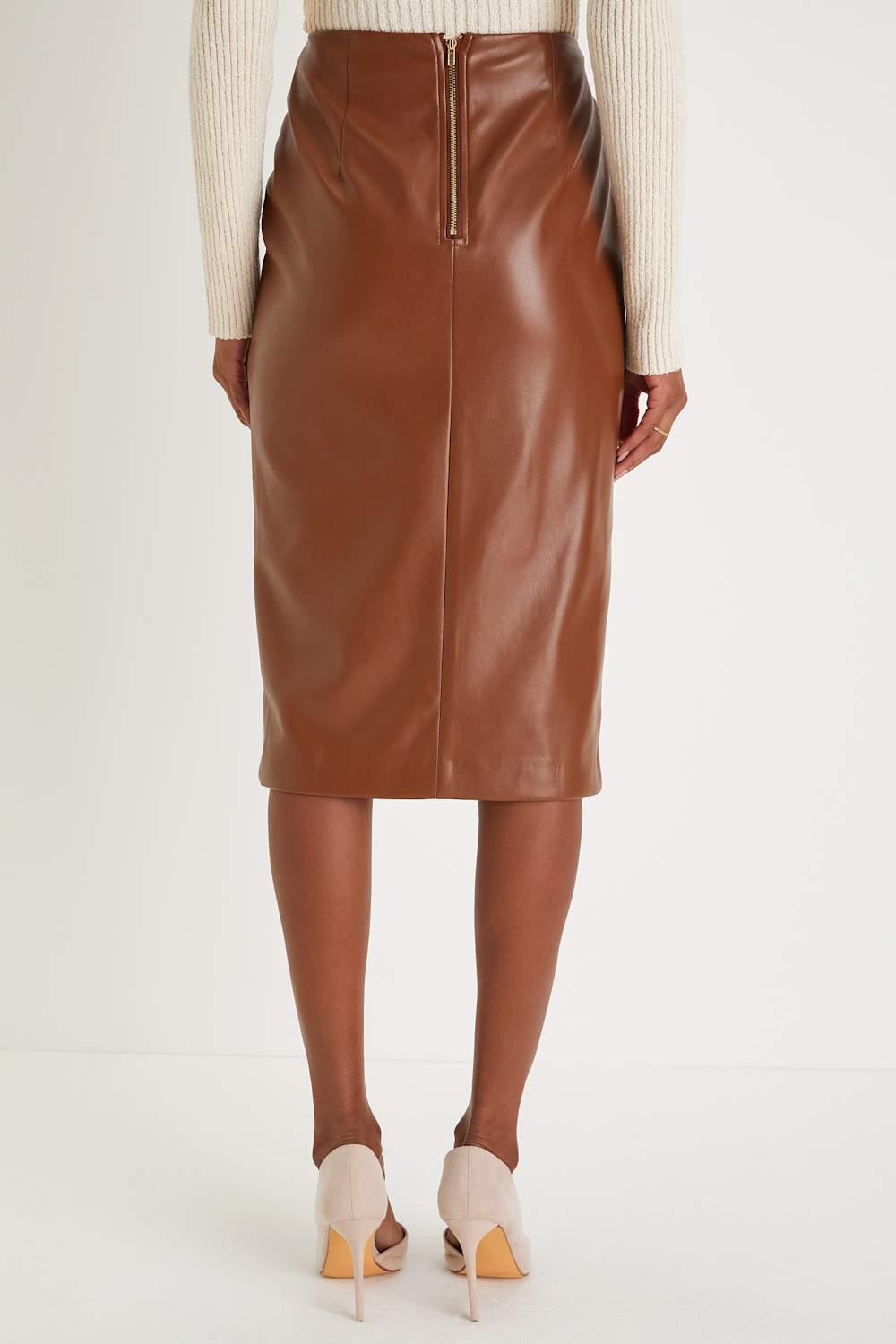 Mireya Brown Vegan Leather Pencil Skirt