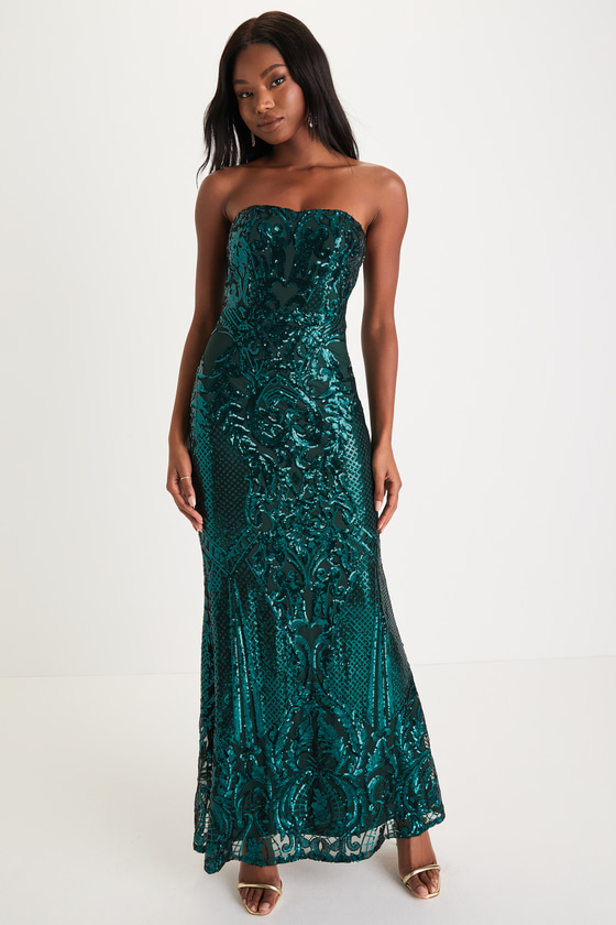 Emerald Green Sequin Dress - Strapless Gown - Mermaid Maxi Dress - Lulus