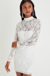 Coveted Beauty White Lace Mock Neck Bodycon Mini Dress