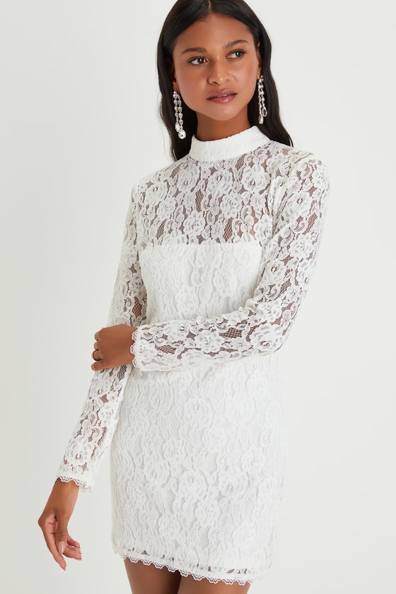Coveted Beauty White Lace Mock Neck Bodycon Mini Dress 1