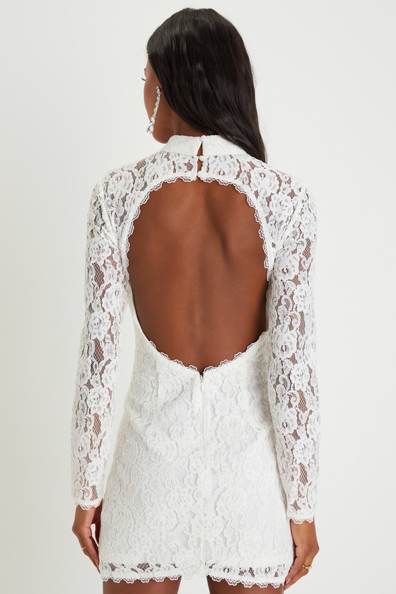 Coveted Beauty White Lace Mock Neck Bodycon Mini Dress 2