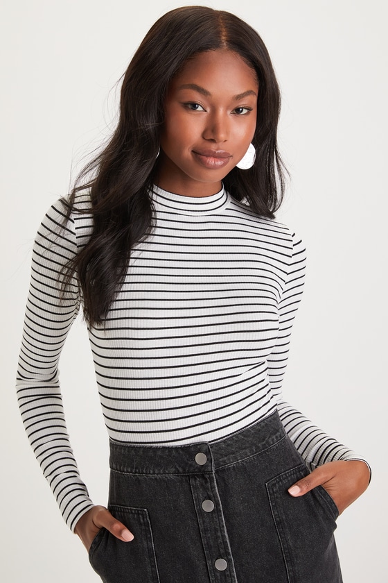 Ivory Striped Bodysuit Mock Neck Top Long Sleeve Bodysuit Lulus