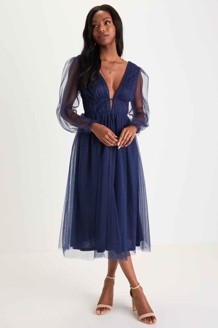 knee length dresses for ladies Beverley Navy Mesh Maxi Dress - US 14