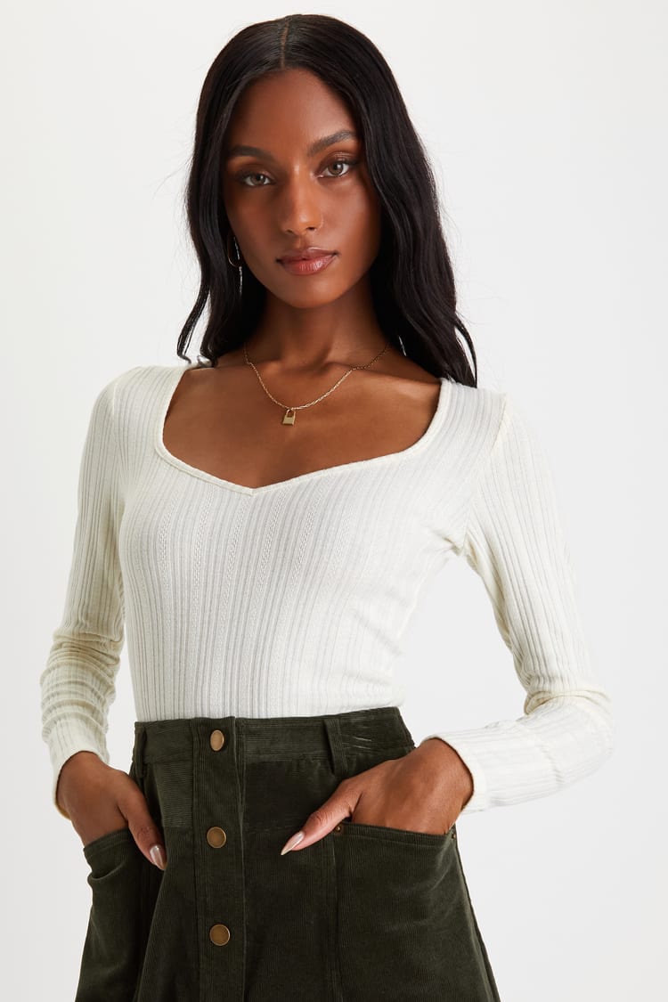 Ivory Pointelle Knit Top - Long Sleeve Bodysuit - Ivory Bodysuit - Lulus