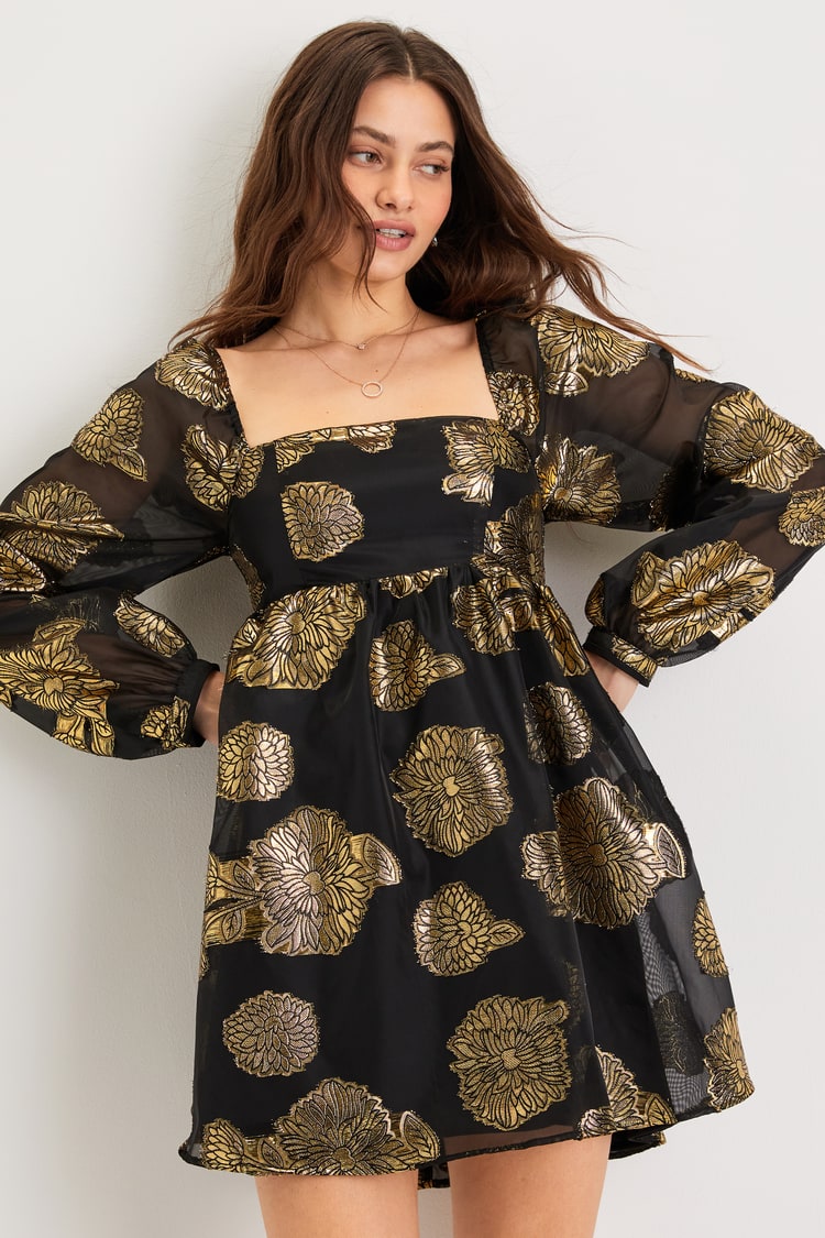 Black Gold Dress - Metallic Jacquard Dress - Babydoll Dress - Lulus Black Gold Dress - Metallic Jacquard Dress - Babydoll Dress - Lulus