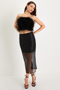 Effortless Glamour Black Sheer Mesh Sequin High Rise Midi Skirt