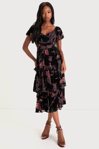 Oh-So Lovely Black Floral Burnout Velvet Tiered Midi Dress
