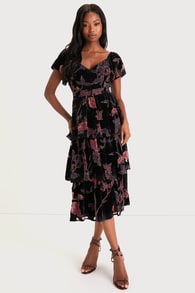 Oh-So Lovely Black Floral Burnout Velvet Tiered Midi Dress 4