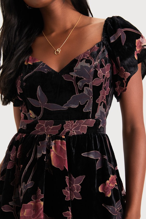 Oh-So Lovely Black Floral Burnout Velvet Tiered Midi Dress