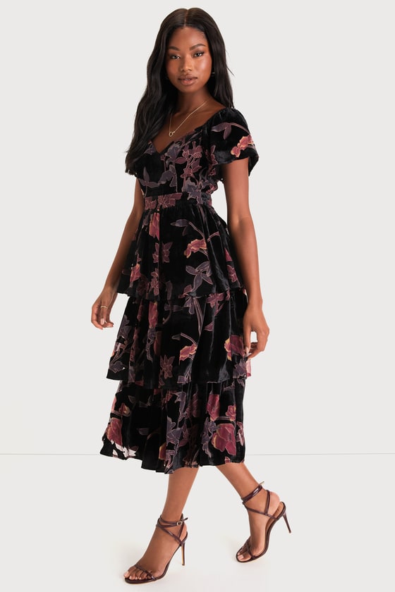 Oh-So Lovely Black Floral Burnout Velvet Tiered Midi Dress - thumbnail 4