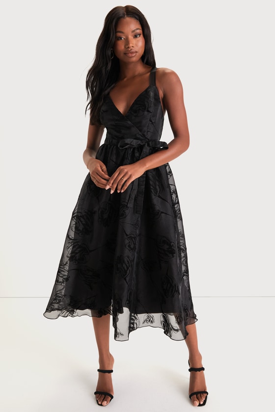 Black Organza Dress - Flocked Velvet Midi Dress - Midi Dress - Lulus