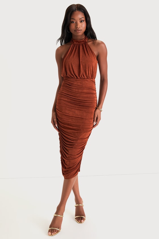 Shop Lulus Irresistible Presence Rust Halter Ruched Bodycon Midi Dress In Brown