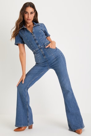 Light Wash Denim Jumpsuit - Flared Jumpsuit - Zip-Front Jumpsuit - Lulus