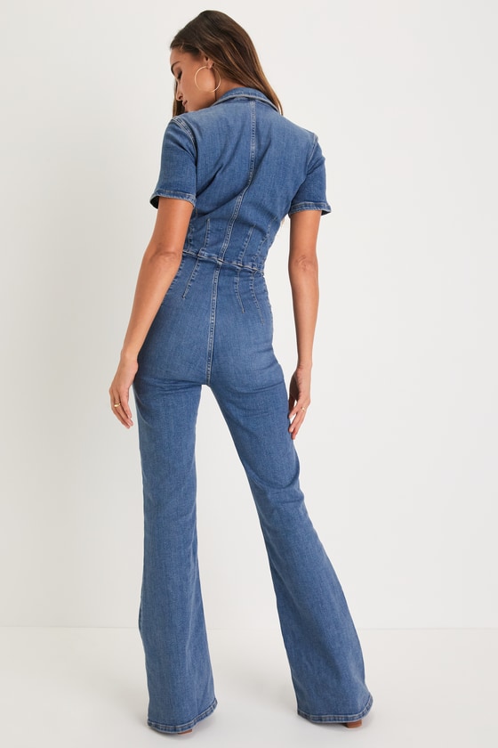 Jayde Medium Wash Denim Zip-Up Flare Jumpsuit 2