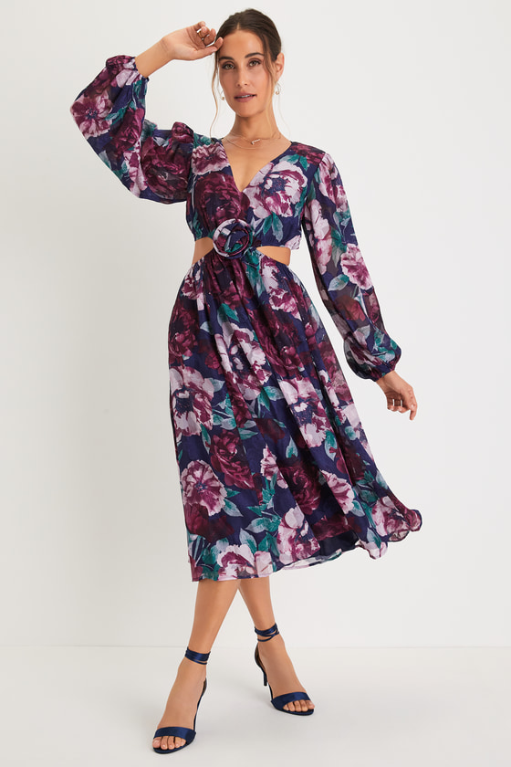 Blue Floral Burnout Dress - Rosette Dress - Cutout Midi Dress - Lulus