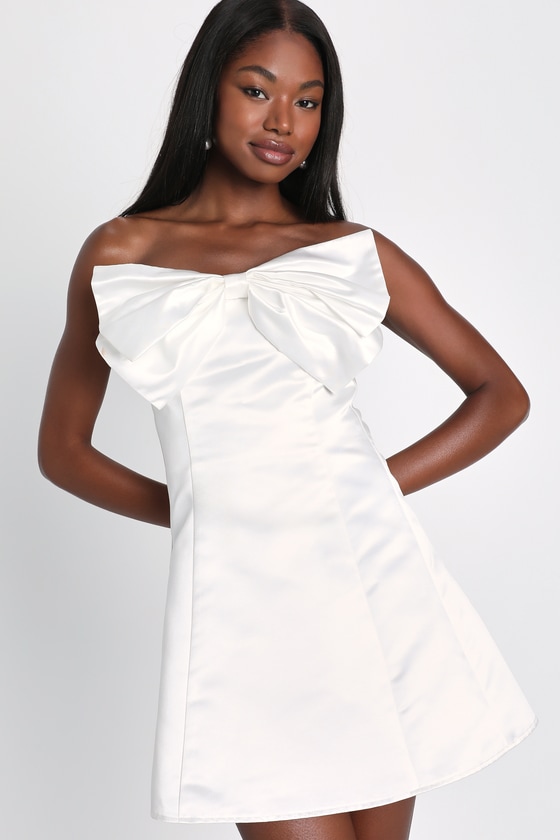 White Satin Mini Dress - Bow Mini Dress - White Strapless Dress - Lulus