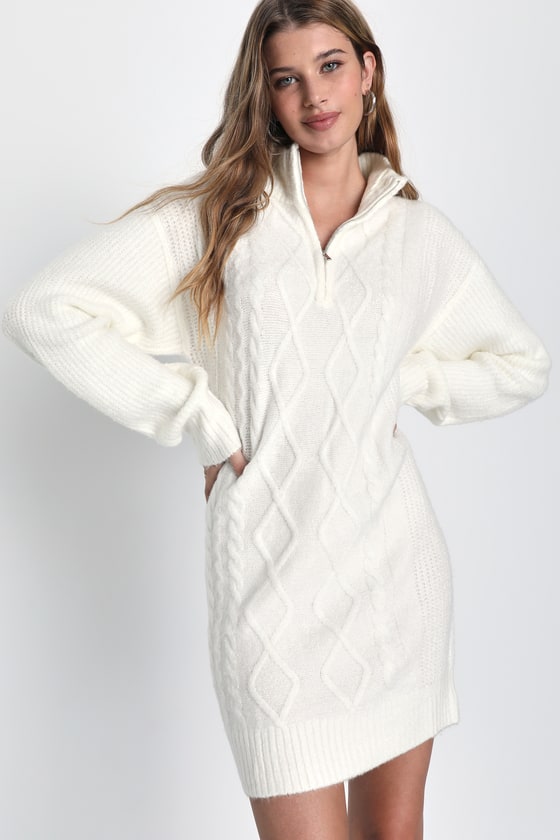 Lulus Toasty Chic Ivory Cable Knit Zip-front Mini Sweater Dress