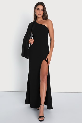 Majestic Attitude Black Cape Sleeve One-Shoulder Maxi Dress 4