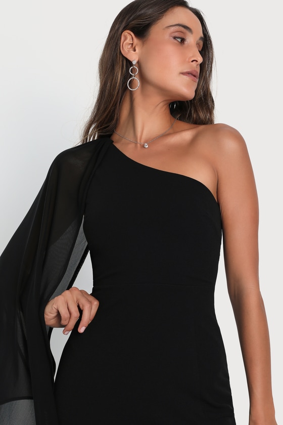 Black Maxi Dress - Cape Sleeve Dress - One-Shoulder Maxi Dress - Image 4