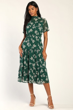 Dark Green Floral Print Dress Midi Dress Short Sleeve Dress