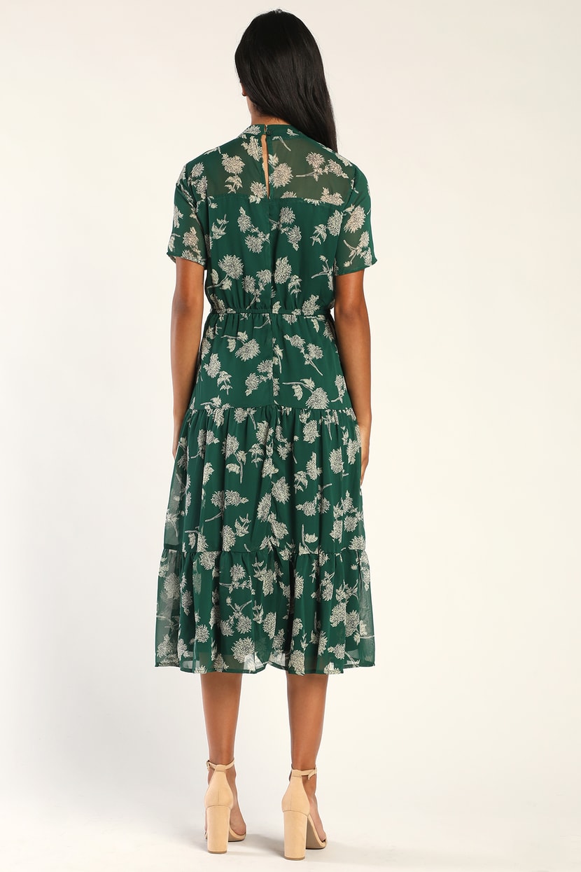 Dark Green Floral Print Dress - Midi Dress - Short Sleeve Dress - Lulus