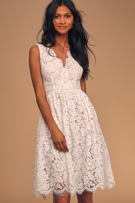 Love Swept White Lace Midi Skater Dress With Pockets