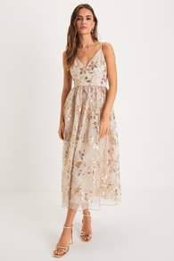 Glittery Glamour Gold Floral Embroidered Sequin Midi Dress
