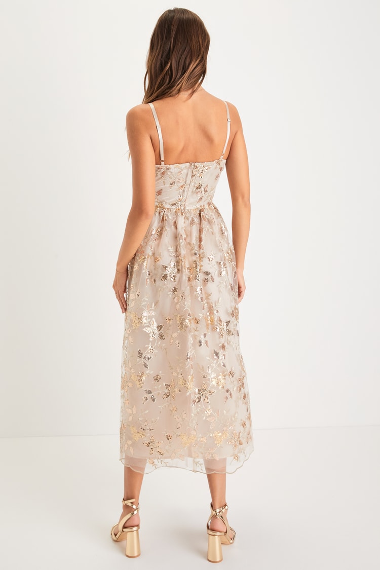 Glittery Glamour Gold Floral Embroidered Sequin Midi Dress