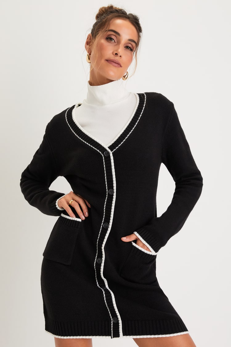 Black Mini Sweater Dress - Contrast Detail Dress - Cardigan Dress - Lulus Black Mini Sweater Dress - Contrast Detail Dress - Cardigan Dress - Lulus