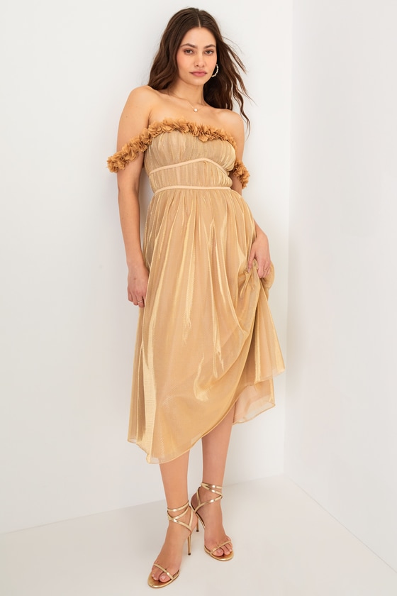 Lulus Amazing Essence Gold Metallic Mesh 3d Floral Midi Dress