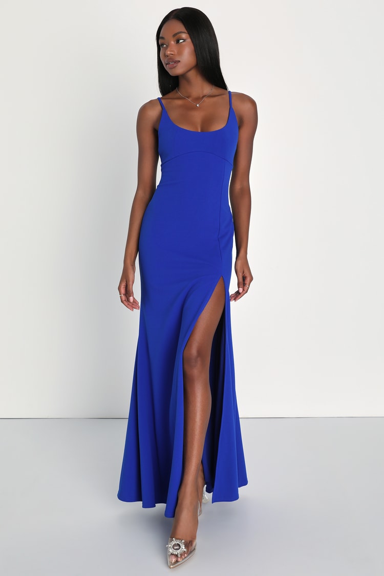 blue scoop neck dress Royal - Under-Bust Seam Dress - Mermaid Maxi Dress Crew Neck Dress Bills Blue Cheese Selling Size:UK-10 / US-6 this maxi dress hugs