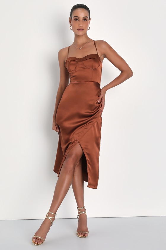 Lulus Aesthetic Essence Bronze Satin Backless Bustier Midi Dress In Brown