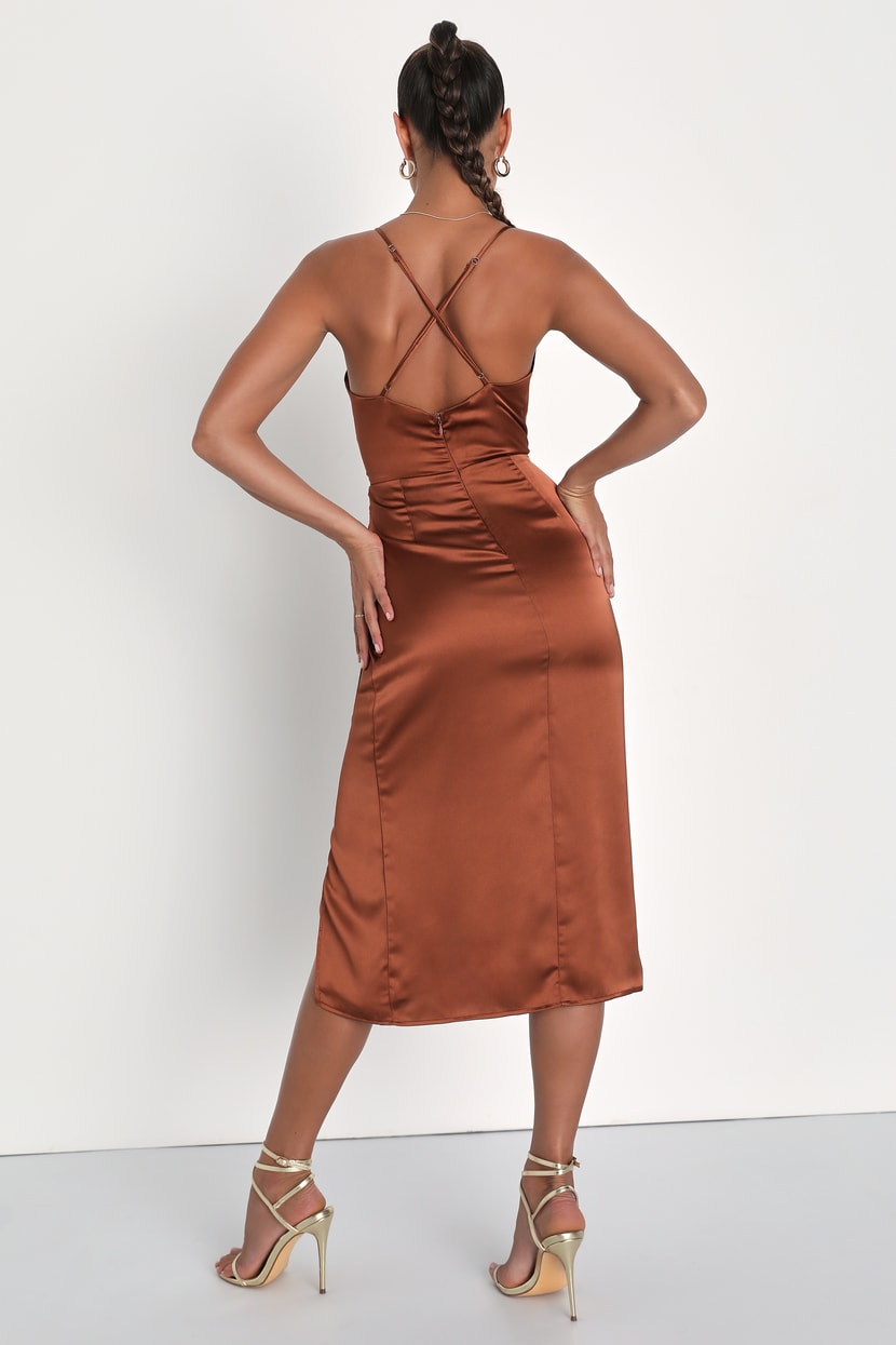 Aesthetic Essence Bronze Satin Backless Bustier Midi Dress Aesthetic Essence Bronze Satin Backless Bustier Midi Dress